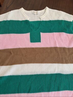 Striped V-Neck Sweater Top in Teal, Pink, White, and Brown